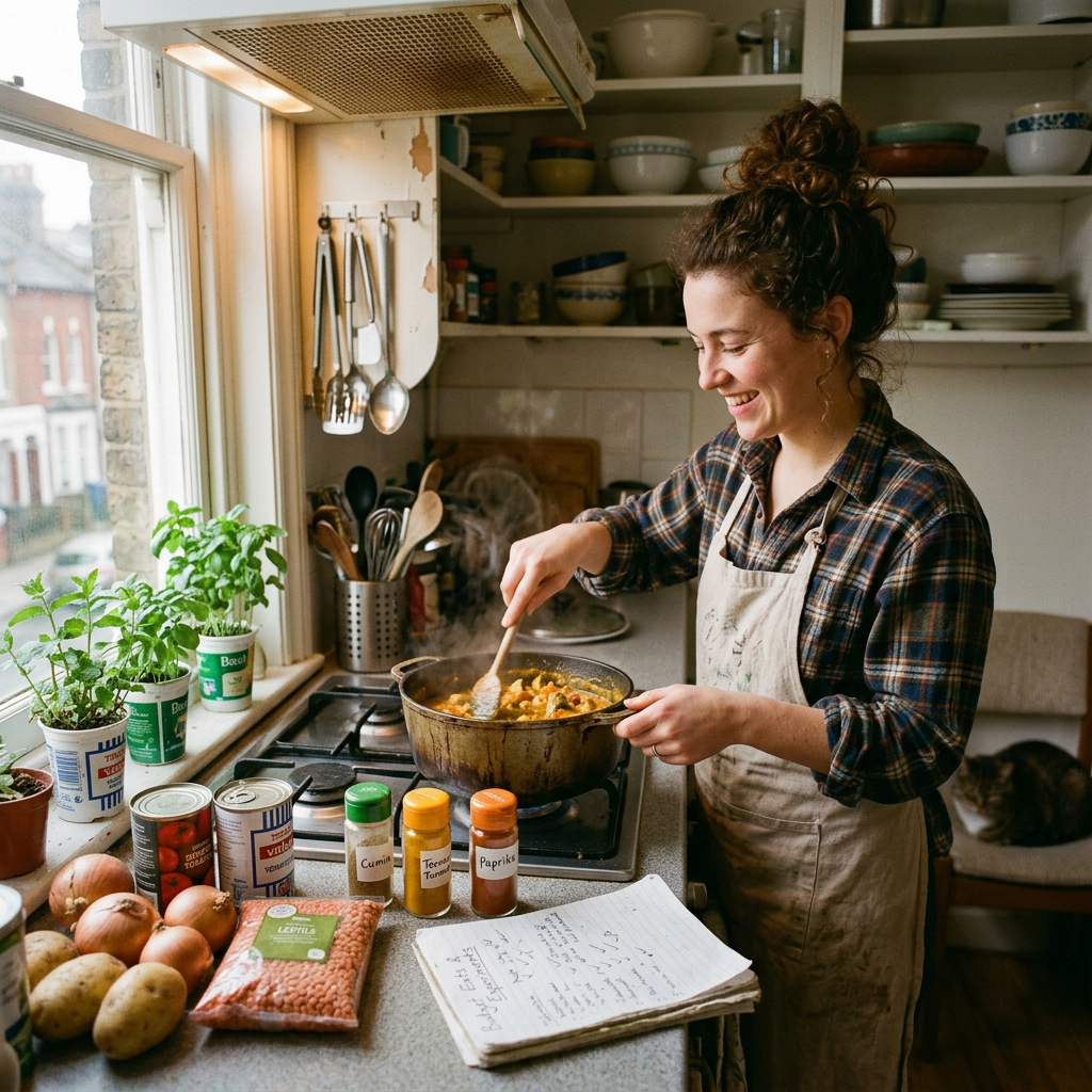 Creative cooking ingredients arranged to show affordable meal planning