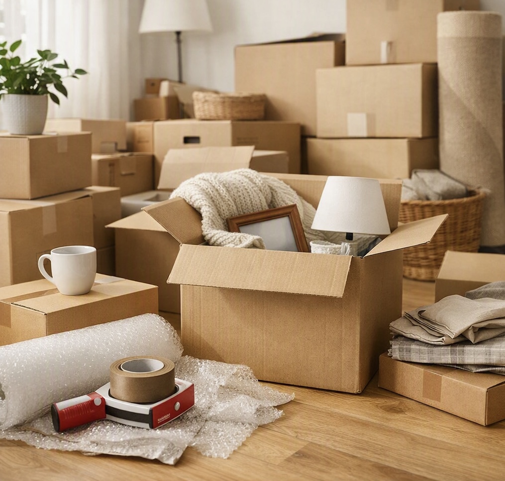 Packed boxes and home items ready for moving day, symbolising a fresh start.